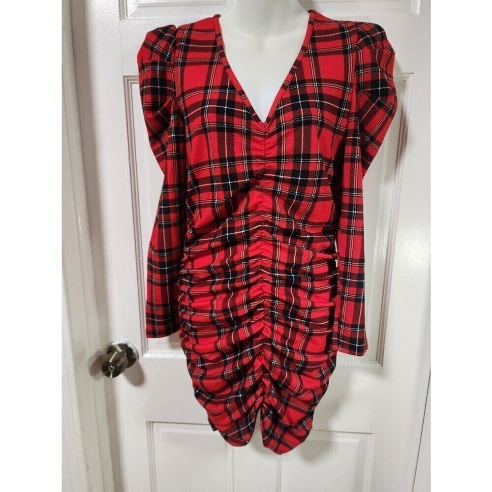 Women’s Red Black Ruched Dress XL Long Sleeve Bodycon Stretch Elegant Dress